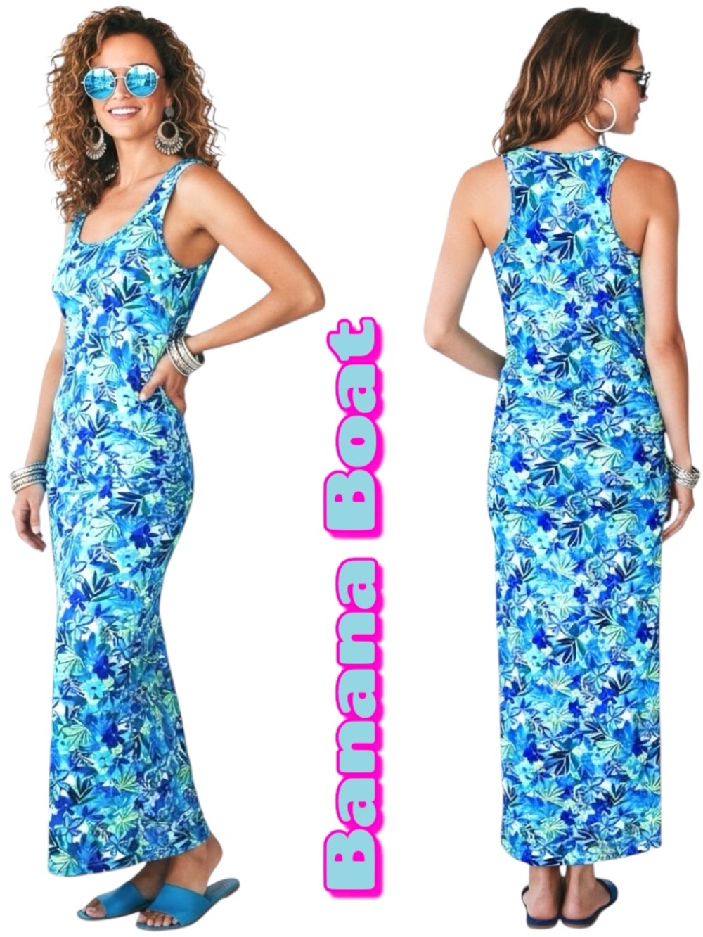 Banana Boat Long Dress UPF50+ Blue Tropical Floral Ruched UPF50+ S NEW $119.99